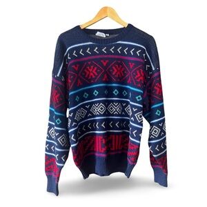 Vintage Wool Blend Sweater – Navy & Red Geometric Knit, 90s Cozy Classic